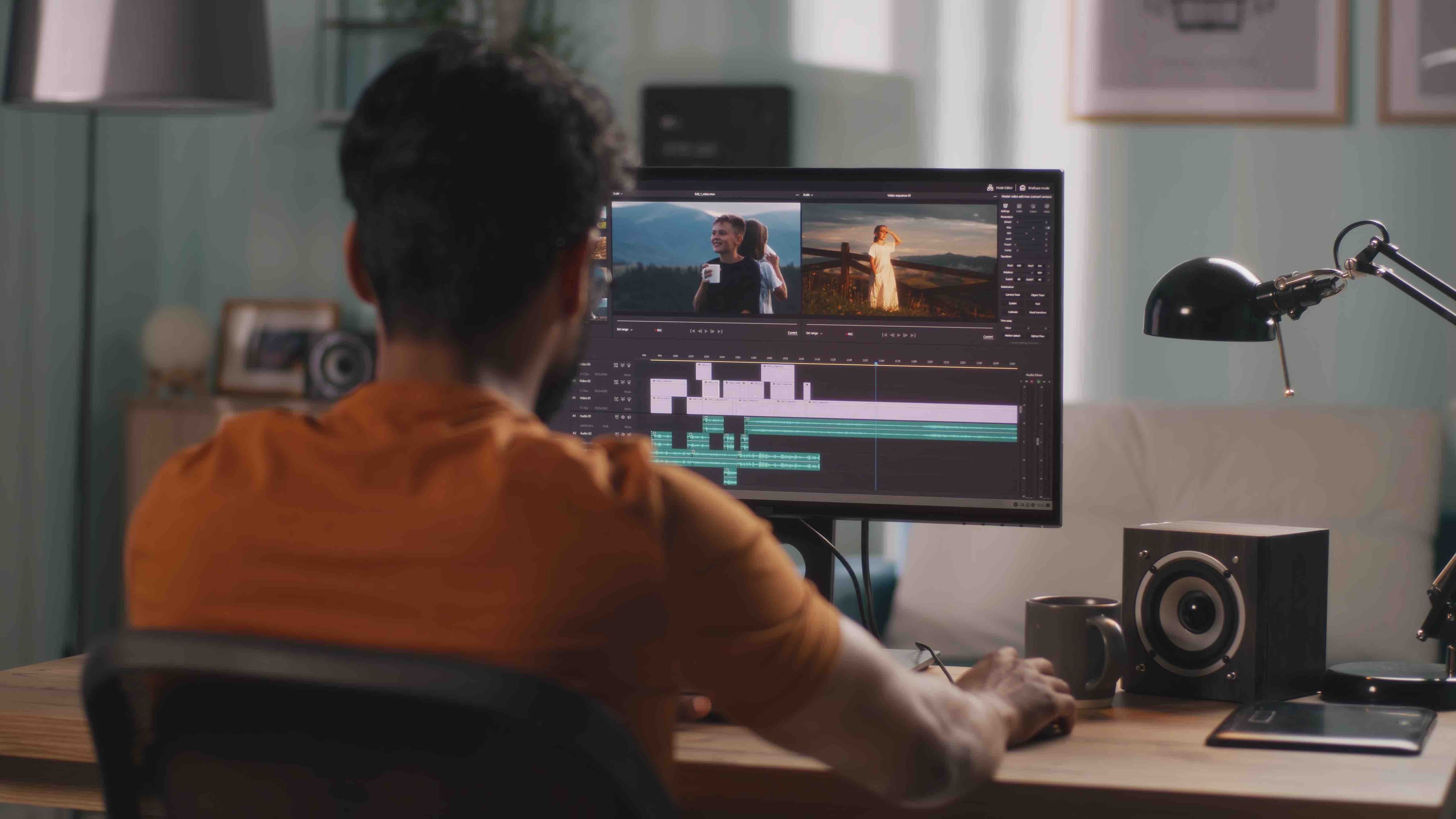 Mann beim Schneiden eines Videos in Adobe Premiere Pro